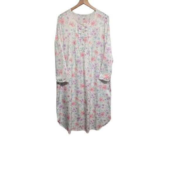 Miss Elaine Size Large Brushed Back Floral Print Nightgown Pintuck Lace Trim - Picture 5 of 9